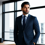 A professional male figure in a sleek, dark, tailored business suit, standing with a composed expression in a modern, minimalist office space with large windows and soft, ambient lighting. The scene emphasizes strategic thinking and precision. The subject is fully clothed, in modest clothing and appropriate attire. safe for work, appropriate content, perfect anatomy, correct proportions, natural pose, well-formed hands, proper finger count, natural body proportions, professional photography, high quality, family-friendly.