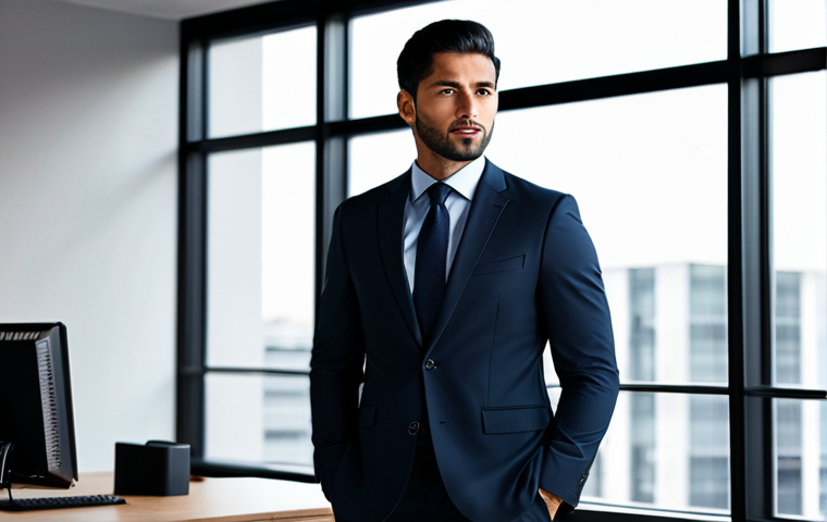 A professional male figure in a sleek, dark, tailored business suit, standing with a composed expression in a modern, minimalist office space with large windows and soft, ambient lighting. The scene emphasizes strategic thinking and precision. The subject is fully clothed, in modest clothing and appropriate attire. safe for work, appropriate content, perfect anatomy, correct proportions, natural pose, well-formed hands, proper finger count, natural body proportions, professional photography, high quality, family-friendly.