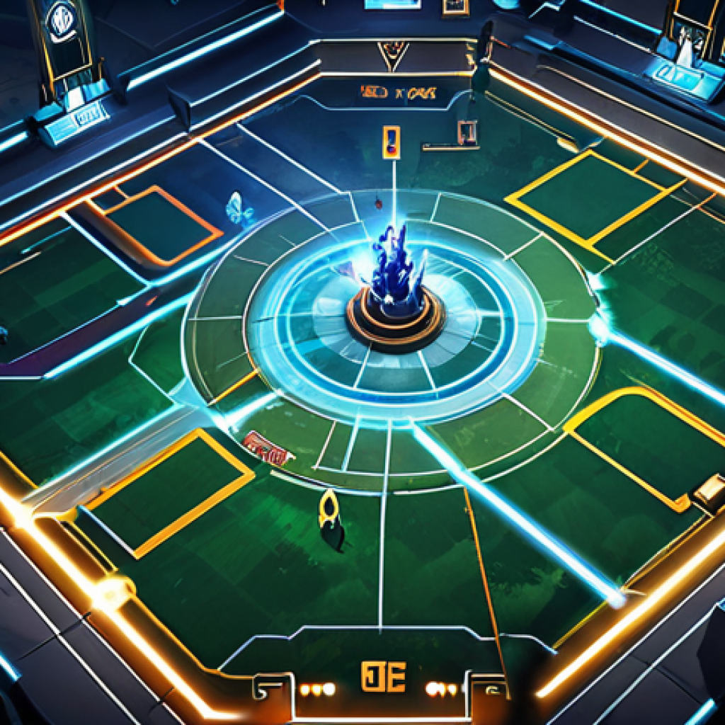 A professional digital illustration depicting a strategic overview of a fantasy e-sports arena map, reminiscent of Summoner's Rift, at a critical moment of game-changing tactical execution. The scene highlights the seamless synergy between team members, represented by glowing lines of energy connecting their positions and emanating from specific choke points, demonstrating superior map control and coordinated area denial. The focus is on the abstract visual representation of strategic planning and the combined impact of abilities, emphasizing teamwork over individual figures. The art style is clean, modern, and high-tech, like professional e-sports broadcast graphics. safe for work, appropriate content, family-friendly, professional, high quality, detailed, vibrant colors, clear lines, fully clothed (referring to the general aesthetic of game characters in such settings).