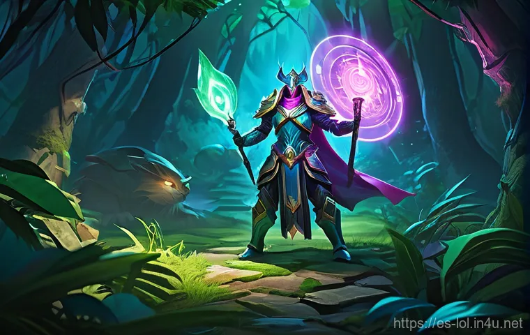 리그 오브 레전드 시야 장악 전략 - **Strategic Foresight: The Illuminated Jungle** A highly detailed illustration of a League of Le...