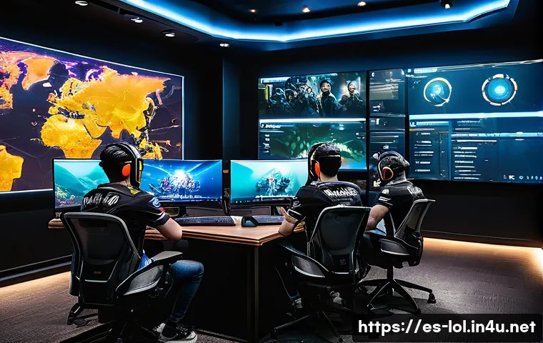 LOL 챔피언 밴픽 전략 - A strategic esports team draft room scene focused on intense concentration and communication among f...