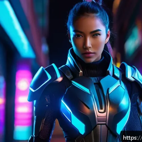 리그 오브 레전드 시즌별 스킨 출시 정보 - A futuristic female warrior in neon-lit cybernetic armor inspired by the &ldquo;Proyecto&rdquo; skin line from L...
