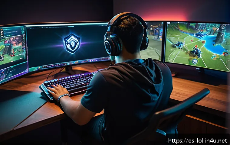 LOL 게임 내 핵심 팁 - A detailed digital illustration of a strategic esports gamer&rsquo;s setup focused on a League of Legends ...