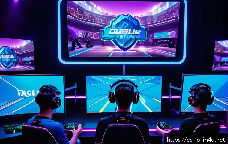 LOL KDA와 게임 영향력 분석 - A dynamic esports scene showing a diverse team of five professional League of Legends players in a h...