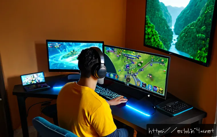 리그 오브 레전드 게임 용어 사전 - Photorealistic gaming desk scene in a cozy Spanish-speaking Latin American apartment, young Hispanic...